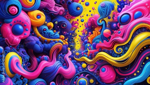 a vibrant, abstract artwork that embodies creativity and imagination, featuring a kaleidoscope of bold, clashing colors such as neon pink, electric blue, and sunshine yellow, with intricate,