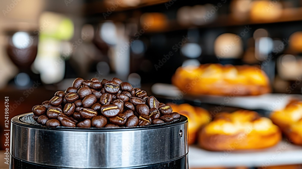 Fototapeta premium Grinding freshly roasted coffee beans, rustic kitchen, close-up gourmet experience, natural ambiance