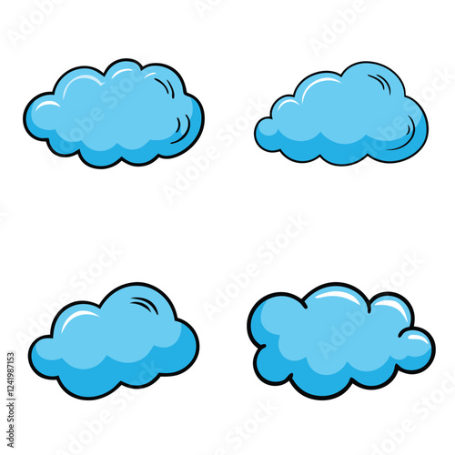 Cartoon Blue Cloud Set - Hand-Drawn Fluffy Sky Clouds with Black Outline for Weather, Nature, and Digital Art Designs	