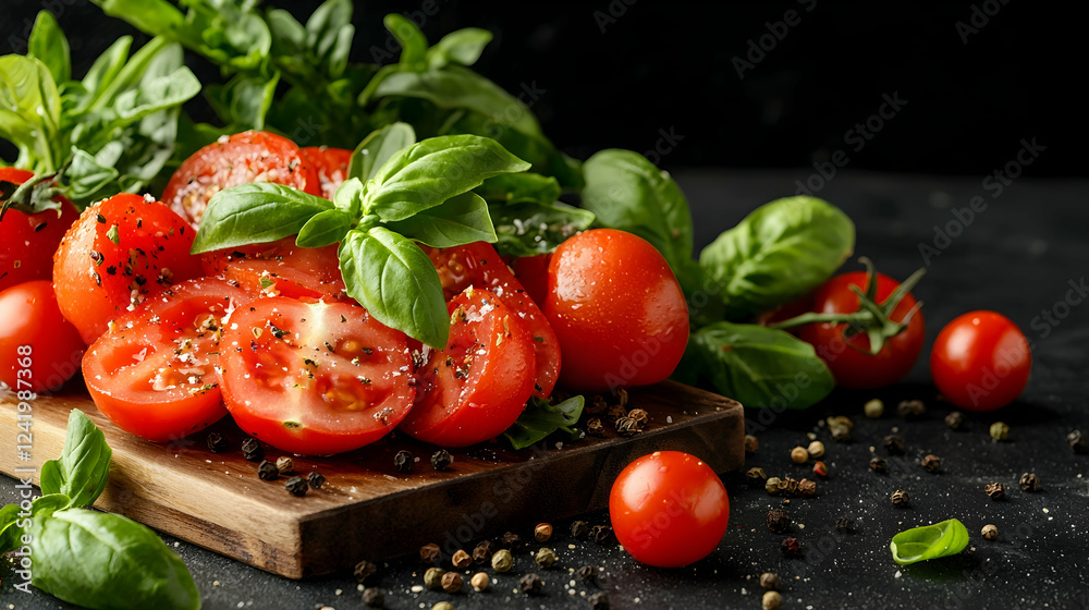 Sliced tomatoes, basil, peppercorns on wood board Sliced tomatoes, basil, peppercorns on wood board