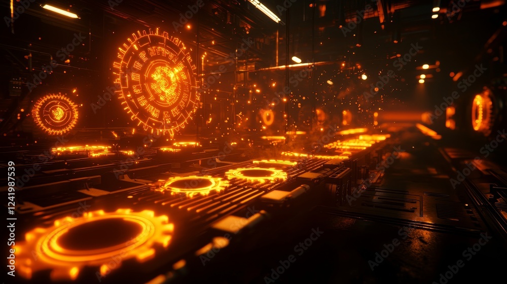 Obraz premium A steampunk-inspired digital factory with glowing gears and holographic overlays, copper and bronze tones, high-detail fantasy industrial design