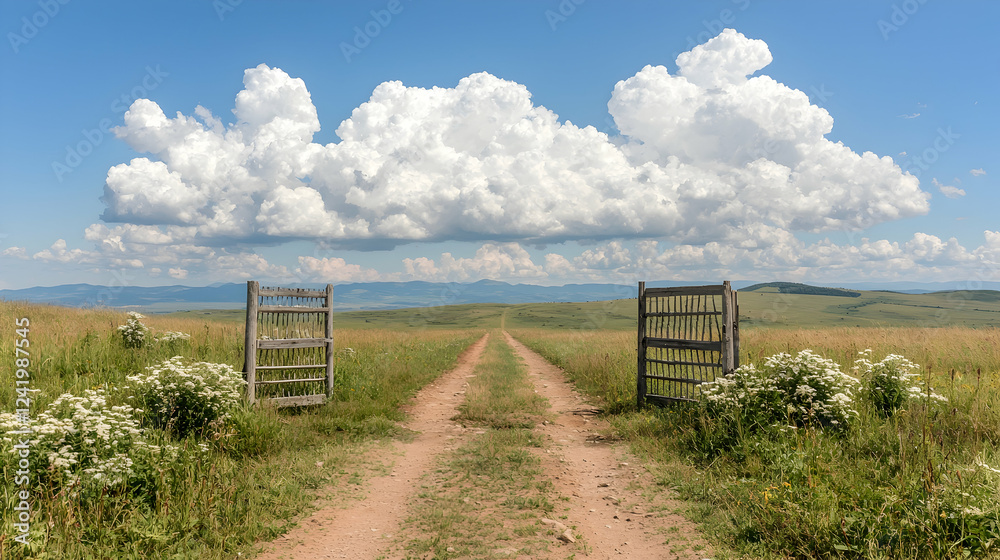 Rural dirt road, open gate, grassy field, hills, summer sky Rural dirt road, open gate, grassy field, hills, summer sky