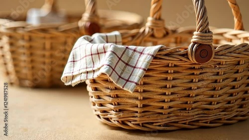 Two baskets with a white cloth in the middle. The cloth has a checkered pattern. The baskets are on a table