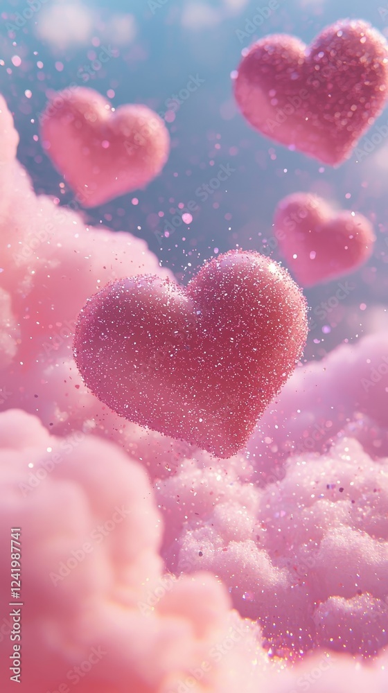 Obraz premium Floating heart candies in a whimsical pink cloudscape, with scattered glittery sparkles and a soft dreamy tone