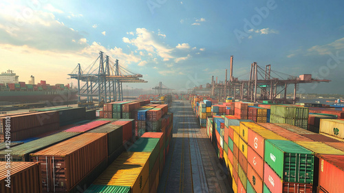 Wallpaper Mural Industrial shipping port with colorful stacked containers, large cranes, and dramatic sunset lighting reflecting off the water Torontodigital.ca