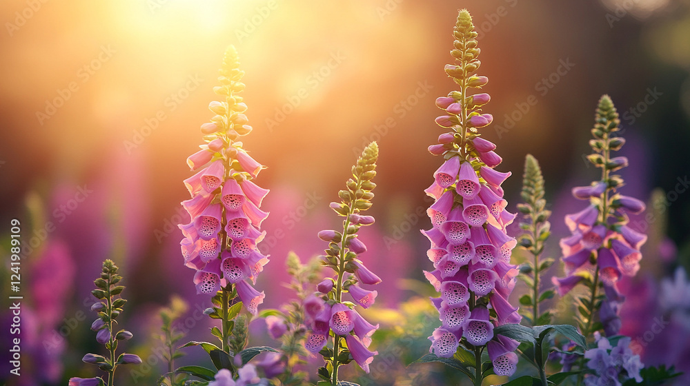 Fototapeta premium Closeup of Foxglove flowering plant (Digitalis purpurea) in a garden, symbolizing danger and healing, with modern blurred background, empty space for text.