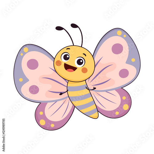 Cute cartoon butterfly with colorful wings and cheerful smile isolated on transparent background. Perfect for kids designs, educational materials, and playful themes. Vector illustration.