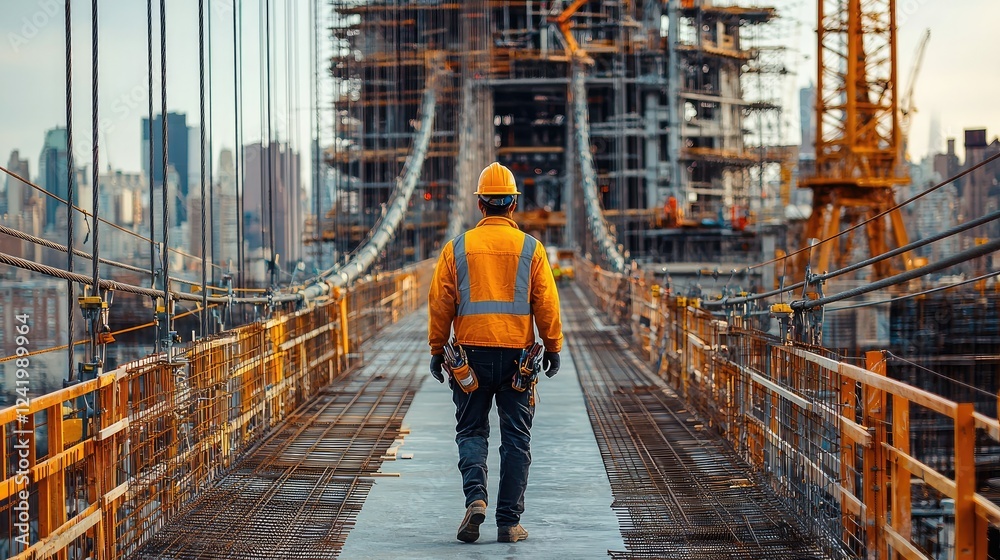 Construction Worker Walking on Urban Bridge Under Development Construction Worker Walking on Urban Bridge Under Development