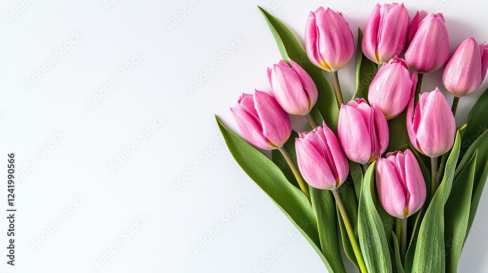 Delicate Pink Tulips on White Background Floral Springtime Bouquet