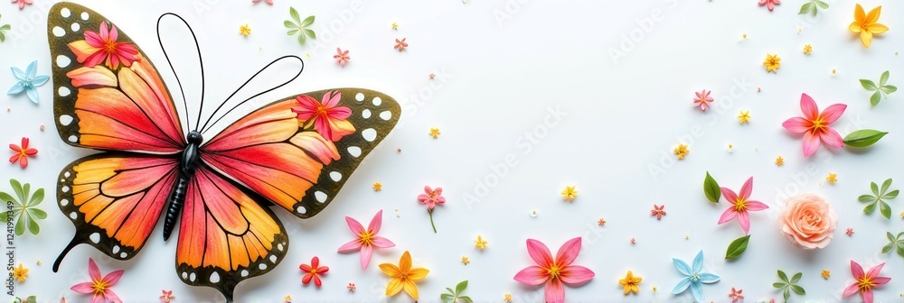 Fototapeta premium Colorful butterfly with assorted flowers on light background