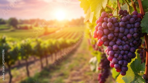 Sunlit Vineyard with Ripe Red Grapes at Sunset