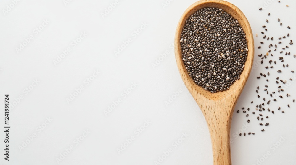 Wooden Spoon of Chia Seeds on White Background Wooden Spoon of Chia Seeds on White Background