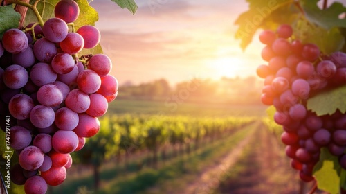 Sunset Vineyard: Ripe Red Grapes Hanging on the Vine