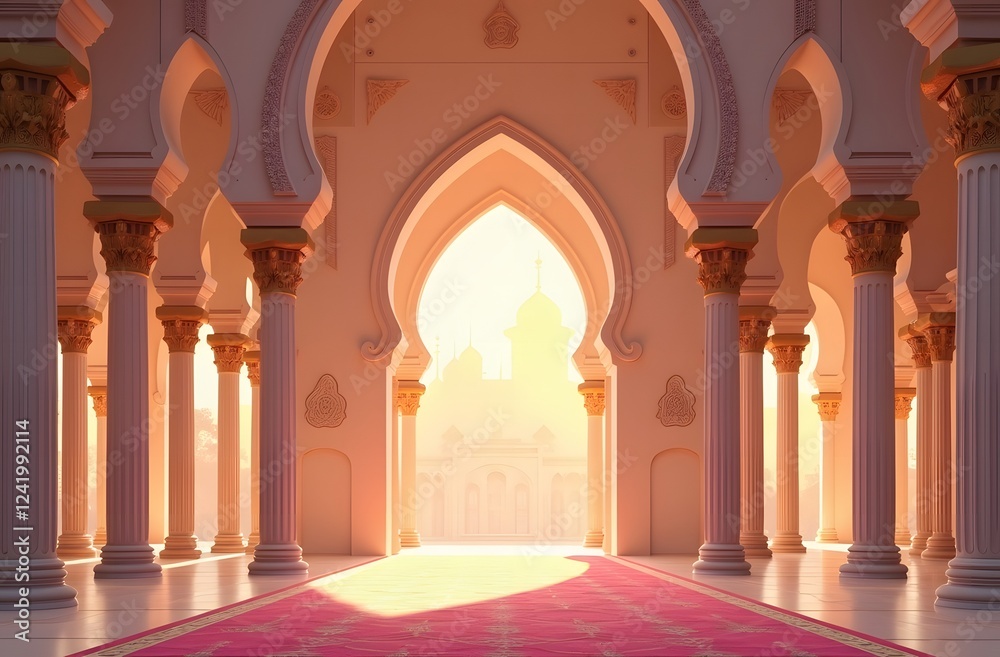 Fototapeta premium Peaceful Mosque Interior . Empty Design with Elegant Architectural Details for Ramadan