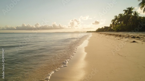 Wallpaper Mural Tropical beach sunset, calm ocean waves, palm trees. Vacation postcard Torontodigital.ca