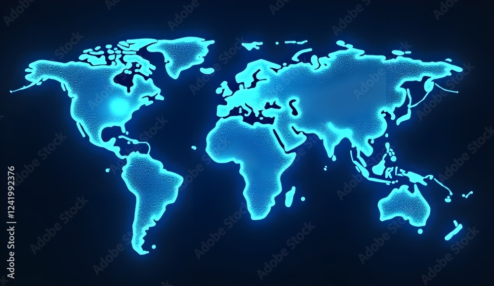 A futuristic digital world map glowing in vibrant blue tones A futuristic digital world map glowing in vibrant blue tones