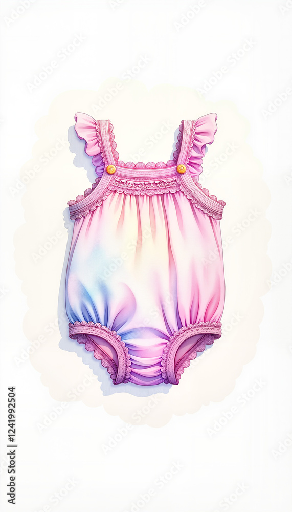 Colorful baby knitted romper with lace trim on white background, playful design Colorful baby knitted romper with lace trim on white background, playful design
