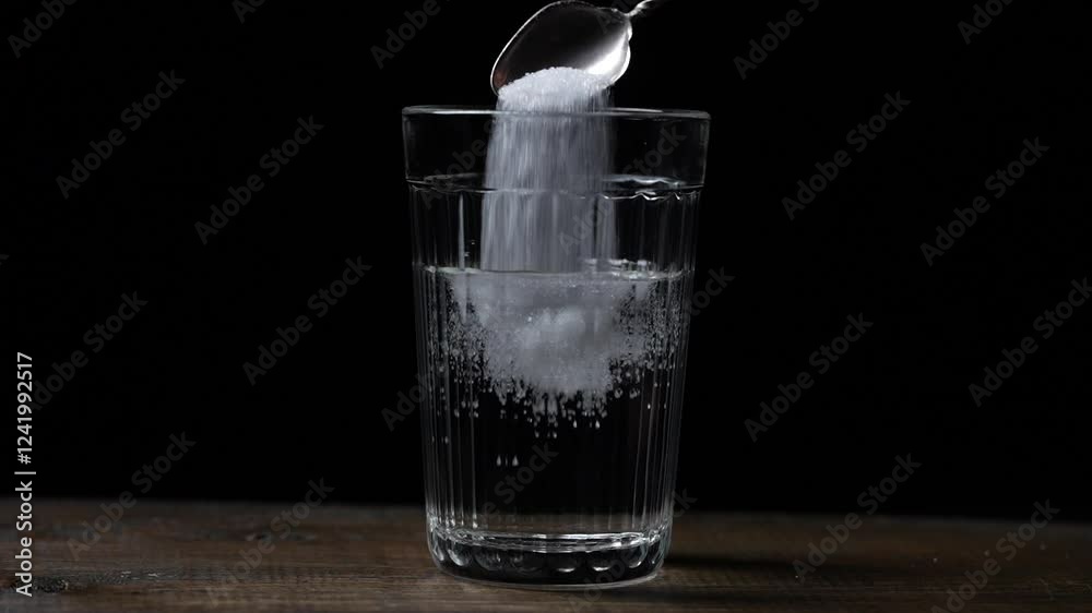 Pouring white sugar from a spoon into a glass with water on a wooden table on a black background, close up, slow motion