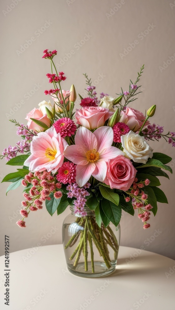 Naklejka premium Elegant floral arrangement with pink and white roses and green leaves in glass vase