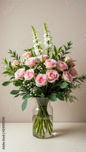 Elegant arrangement of pink roses and white flowers in glass vase