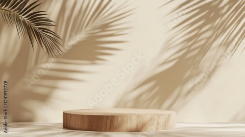Serene Minimalist Wooden Display Platform with Palm Shadow