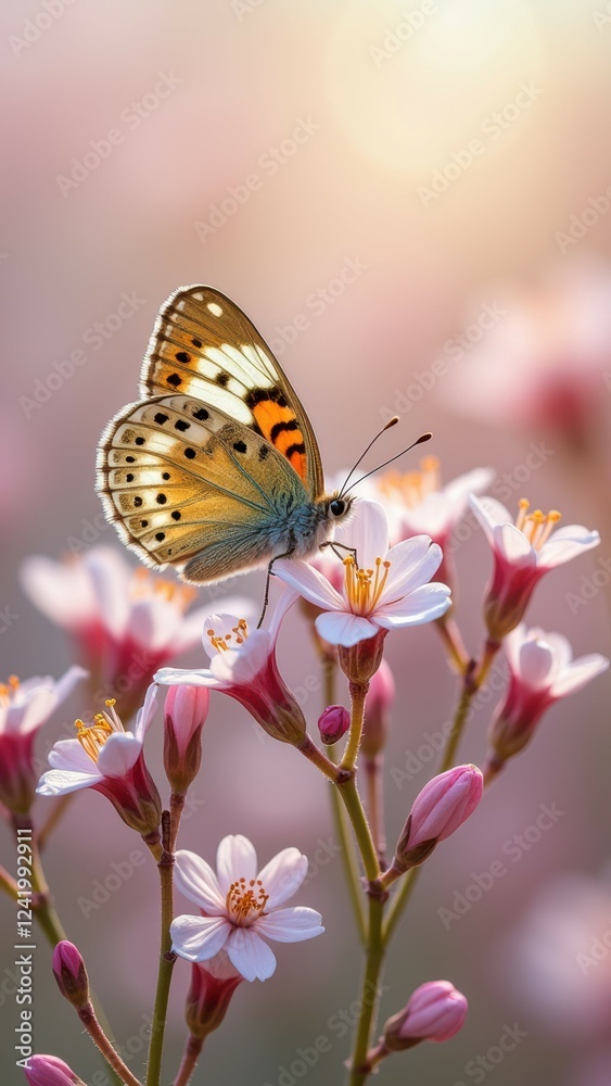Obraz premium Vibrant butterfly on blossoming flowers in sunlit garden