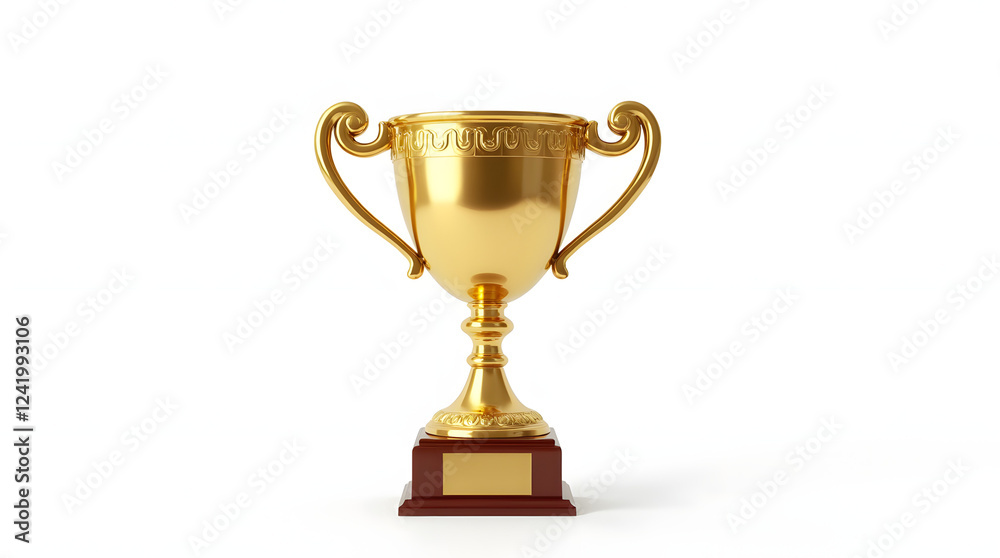A high-quality, photorealistic golden trophy cup with intricate details, isolated on a clean white background. The trophy has a shiny, reflective surface with subtle engravings, symbolizing success, a