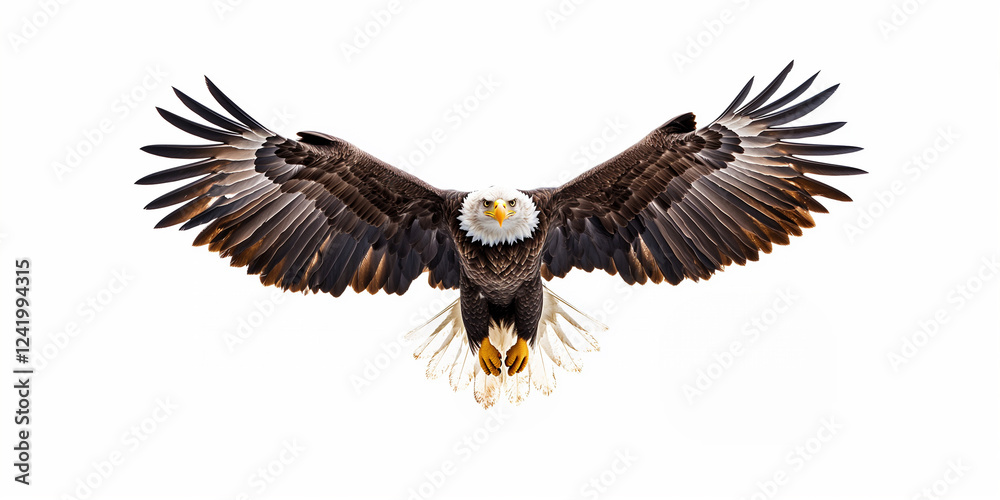 Obraz premium Bald Eagle flying with spread wings, front symmetrical face view, isolated on white background