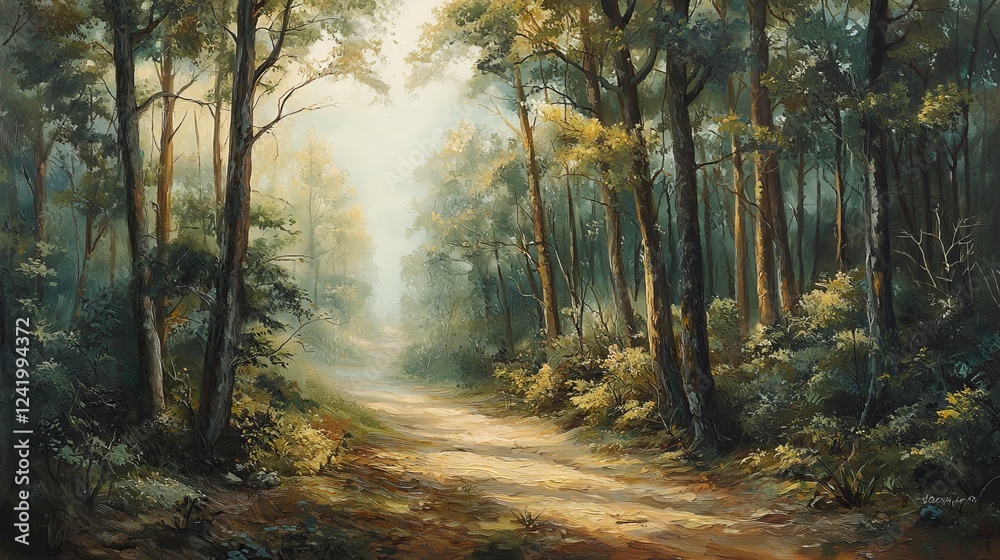 Fototapeta premium A serene forest path illuminated by soft morning light, with mist weaving through towering trees, realistic style, muted greens and greys, atmospheric and tranquil