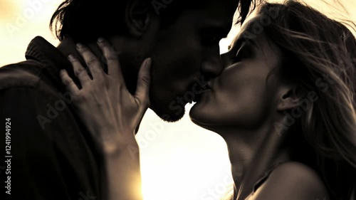 Couple in love kissing on sunset - Boyfriend and girlfriend hugging outdoor - Two lovers having romantic date - Black and white filter - Love background concept	
