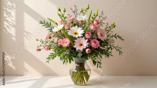 Elegant bouquet of pink roses and white daisies in clear glass vase