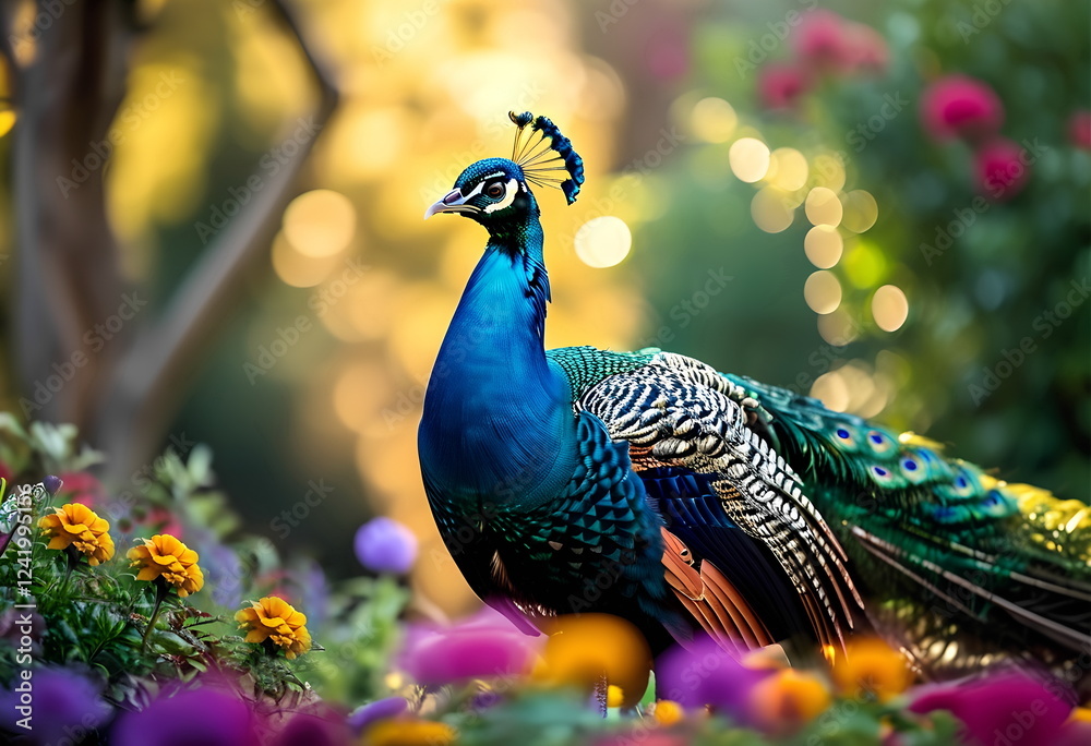 Obraz premium Majestic peacock stands proudly amidst a vibrant garden filled with colorful flowers.