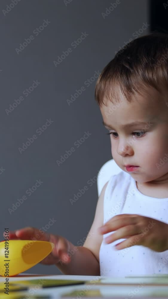 Baby boy wearing white t-shirt focused on the game. Serious kid sits at desk moving his toys. Vertical video Baby boy wearing white t-shirt focused on the game. Serious kid sits at desk moving his toys. Vertical video