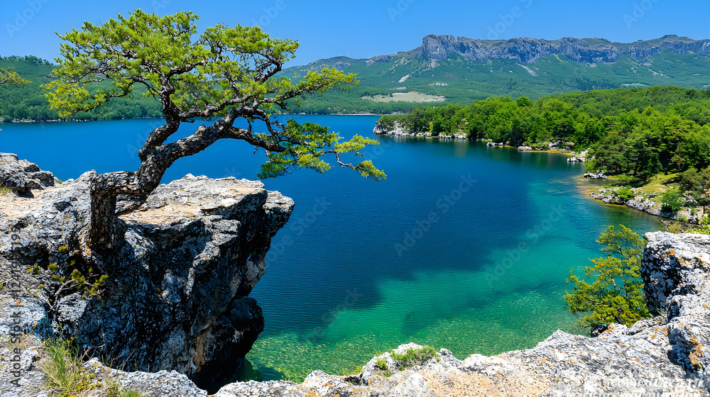 Lone tree on cliff overlooking serene lake, mountains background; travel postcard Lone tree on cliff overlooking serene lake, mountains background; travel postcard