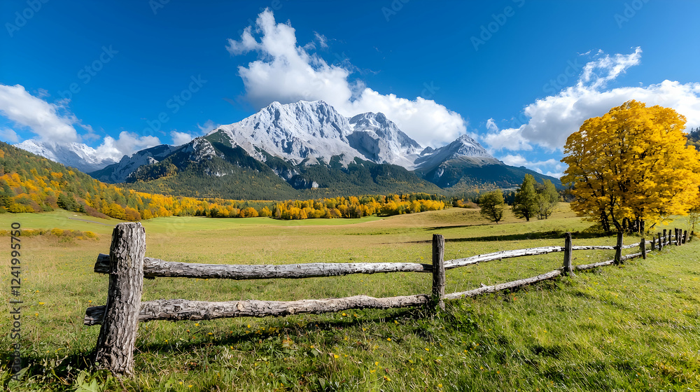 Fototapeta premium Wooden fence runs along a green meadow with yellow autumn trees and snow-capped mountains under a blue sky.