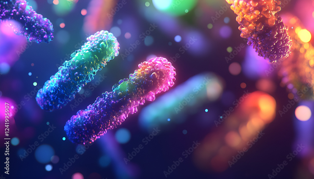 Naklejka premium Microscopic view of diverse microorganisms and abstract cellular structures under high-powered microscope, illustrating cellular concepts and biological diversity for scientific research