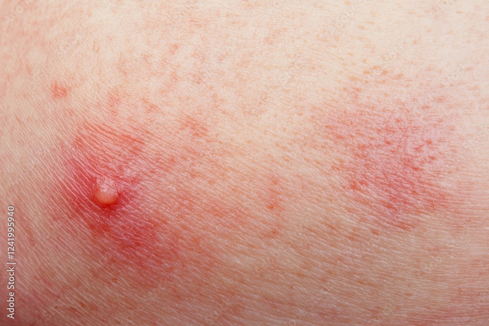 Fototapeta premium Close-up view of a pustule surrounded by inflamed skin, highlighting signs of a potential bacterial or viral infection that may require prompt medical attention