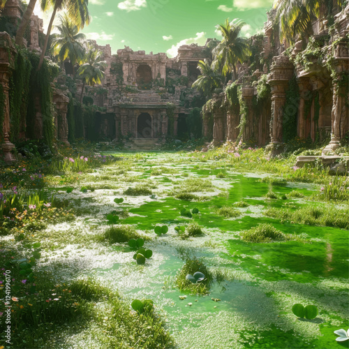 Explore Lush Abandoned Ancient Ruins with Vibrant Green Foliage and Water Lilies, Captured in Stunning Vector Art—Tropical Overgrowth in Sunlit Setting