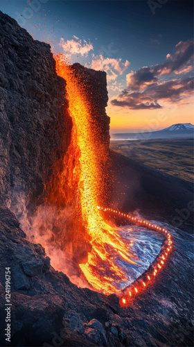 Dramatic Volcanic Eruption Vector Art: Flowing Lava Cascade under Vibrant Sunset Sky and Distant Mountains for High-Impact Digital Wallpaper