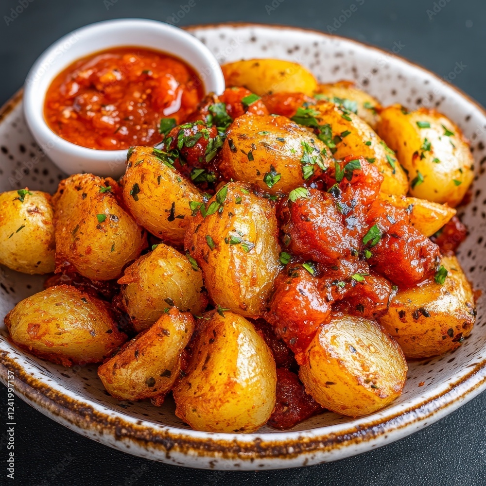 Crispy Golden Potatoes with Spicy Red Sauce and Fresh Herbs Crispy Golden Potatoes with Spicy Red Sauce and Fresh Herbs