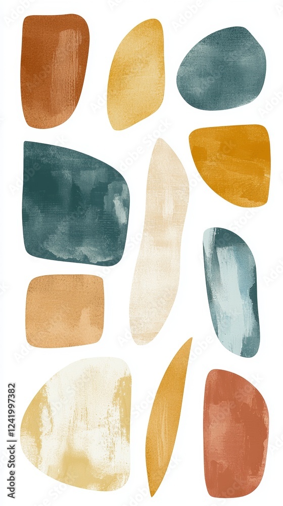 Modern abstract art composition featuring various organic shapes in earthy tones of ochre, terracotta, beige, and teal, creating a visually appealing and contemporary design Modern abstract art composition featuring various organic shapes in earthy tones of ochre, terracotta, beige, and teal, creating a visually appealing and contemporary design