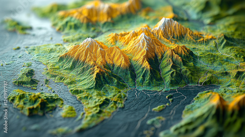 A 3D lidar map model representing the earth's surface after UAV data processing, illustrating tremors, earthquakes, and lithospheric plate movements, with empty space for captioning, chaos symbolizing photo