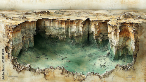 A 3D lidar map model representing the earth's surface after UAV data processing, illustrating tremors, earthquakes, and lithospheric plate movements, with empty space for captioning, chaos symbolizing photo