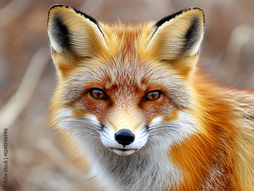 Fototapeta premium Close-up portrait of a fox, highlighting its sharp features, expressive eyes, and vibrant fur coat.