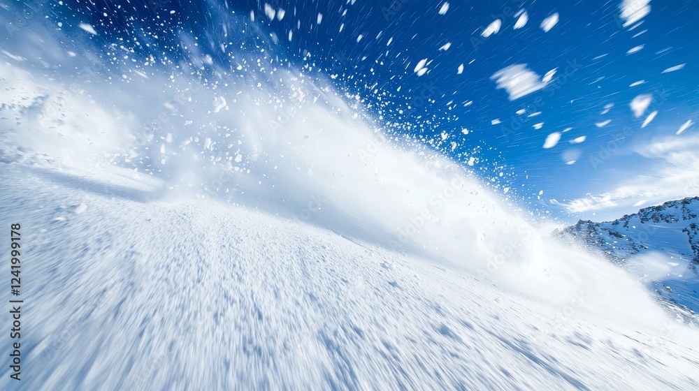 Dramatic perspective of an avalanche in motion, blurred foreground snowflakes rushing toward the viewer, creating intense movement Dramatic perspective of an avalanche in motion, blurred foreground snowflakes rushing toward the viewer, creating intense movement