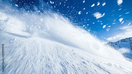 Dramatic perspective of an avalanche in motion, blurred foreground snowflakes rushing toward the viewer, creating intense movement photo