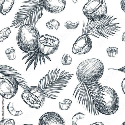 Coconut seamless pattern. Hand drawn sketch vector illustration of broken coco nuts, palm leaves. Textile print design