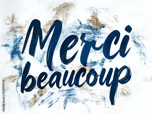 Merci Beaucoup text in deep blue ink on a smooth, soft background, conveying gratitude with elegance.
