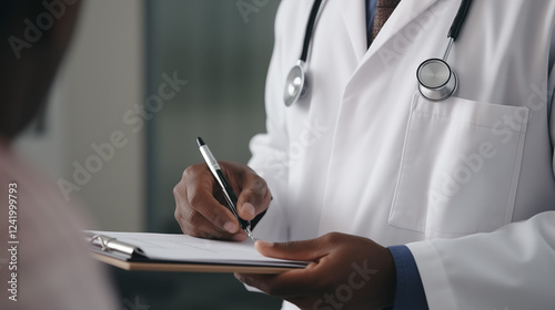 Plano cerrado de médico con bata blanca, escribiendo diagnóstico en papel.Precisión y responsabilidad: el acto de escribir un diagnóstico como símbolo de cuidado y profesionalismo médico. photo