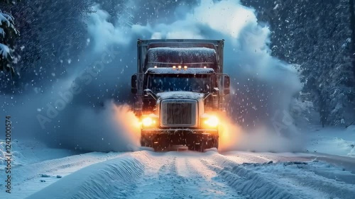 Powerful headlights illuminate a semi truck navigating a snow covered road amidst a heavy snowfall at night, creating a dramatic scene of transportation in challenging winter conditions